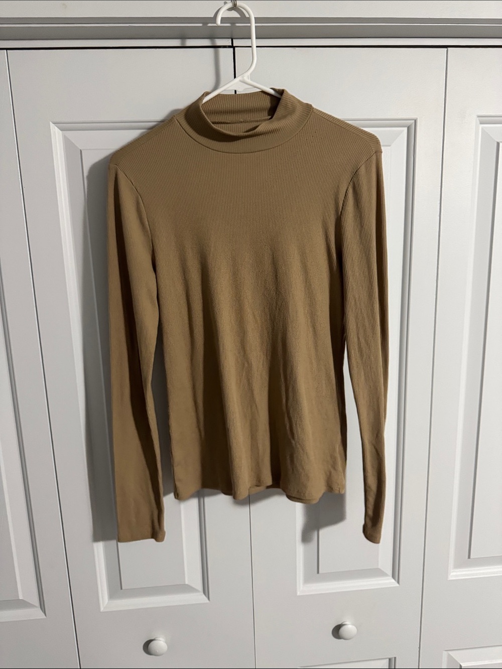 No Boundaries Camel Ribbed Mock Neck Long Sleeve Top